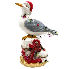 Needzo Christmas 2023 Seagull Statue Wrapped in String Lights with Anchor, Nautical Holiday Tabletop Decorations for Home, 8 Inches