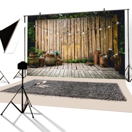 YongFoto 3 x 2 m Vinyl Photo Background Striped Wooden Wall Wooden Floor Barrels Wooden Stakes Photography Background Wedding Party Photo Studio Backgrounds Props