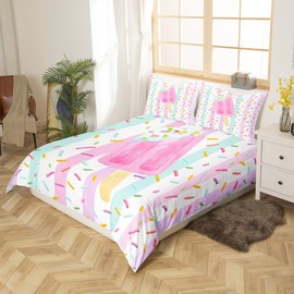 Castle Fairy Women Popsicle Duvet Cover Set Twin Size,2 Pieces Breathable Colorful Stripes Bedding Sets(1 Duvet Cover+1 Pillowcase),Children Rainbow Candy Printed Comforter Cover Set for Girls Kids