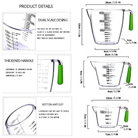 Measuring Cups Set, 1 Cup, 2 Cup, 4 Cup, BPA Free, Stackable, Clear with Spout and Angled Grip Handle Multiple Measurement Scales