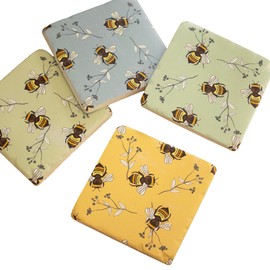 Set Of 4 Vintage Bees Ceramic Coasters 10x10cm Square Wildlife Flower Print Drinks Mats
