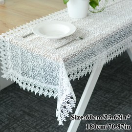 URROMA Rectangular Lace Tablecloth, 60cm*180cm White Table Cover with Lace Trim Washable Non-Slip Tablecloth for Dining Room Kitchen Wedding Banquet