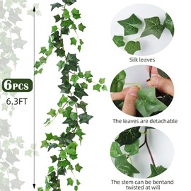 RECUTMS 6 Strands Artificial Vines Ivy Garland 6.4Ft Fake Vine with Silk Green Leaves Ivy Vines Faux Hanging Plants Greenery Decoration Vines for Home Wall Wedding Room Indoor Outdoor Decor(lvy)