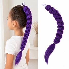 Purple Braids Ponytail Hair 24Inch Pre Braiding Hair with Tie Synthetic Hair Extensions for Halloween Costume Cosplay（24inch/Purple）