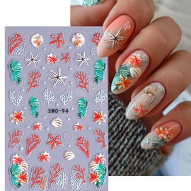 2 Pcs Summer Ocean Nail Stickers for Nail Art, 3D Embossed Starfish Shell Sea Wave Coral Self-Adhesive Nail Decals, Nail Supplies Nail Art Design Accessories for Women Girls Manicure DIY Decoration