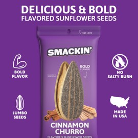 SMACKIN' Sunflower Seeds, Roasted Jumbo Small-Batch, American Made - Cinnamon Churro. 1.5oz bags (36 Pack)