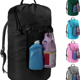 Bag with Shoulder Straps and Mesh Pocket Laundry Backpack Large Portable Laundry Hamper for College Laundromat Apartment (Blue) Accessories - Color: Black