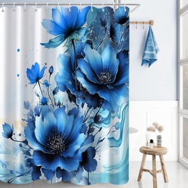 Uiiooazy Floral Shower Curtain for Bathroom Blue Flowers Fabric Shower Curtain Set with Hooks Waterproof Machine Washable Marble Curtain 72" Wx72 L