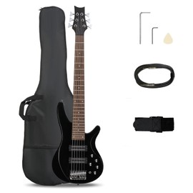Ktaxon Ktaxon Bass Guitar 6 String Electric Bass Guitars, Beginner Bass Guitar with Professional H-H pickup, 3 Way Pickup Selector, Premium Cable, Unique Body Design for Beginner (Upgraded Black)