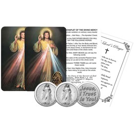 Divine Mercy Chaplet - with Embossed Medal, Jesus Christ Token, The Lord's Prayer Card | Jesus I Trust In You Pocket Token, Divine Mercy Prayer Cards Holy Catholic Set Of 7 Items