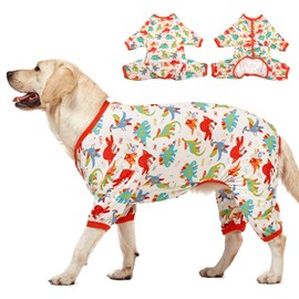 LovinPet Large Dog Pajamas, Undershirt for Dog Coats, Anti Licking, Pitbull Clothes, Pet Anxiety Calming Onesies for Dogs, White Dinos Print, Pet Pajamas for Dogs, Pitbull Shirt, XL