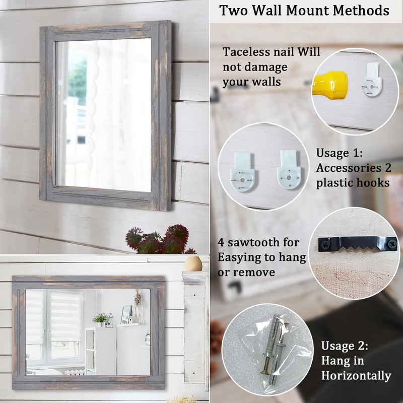 AAZZKANG Wood Framed Mirror 20"x16" Rectangular Rustic Wall Mirror Farmhouse