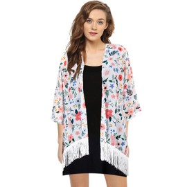 stylFRSH - Kimono floral para mujer, ropa de playa ligera floral para bikini, cárdigan y trajes de baño (WS103-P), Blanco, M