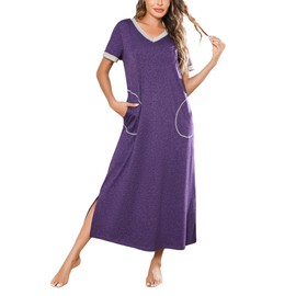 Jezonga Women's Nightdresses Long Nightgowns Nightwear Short Sleeve Loungewear Nighties Comfy V Neck Sleepwear with Pockets S-XXL(Purple，XXL)