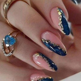 SINHOT Almond Press on Nails Medium - Blue Amber Fake Nails Glossy Glue on Nails Gold Bling Glitter Nails French Tip Stiletto Artificial Nails Stick on False Nails with Design DIY 24 pcs
