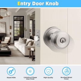 KNOBWELL Keyed Alike Door Locks in Brushed Nickel Finish, Keyed Entry Door Knob for Exterior Interior Door, Combo Pack Cylindrical Shape Shape Door Knobs, Exterior Door Handle, 6 Pack