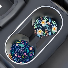 Neidius Multicolor Flowers Car Coaster for Cup Holders,Watercolor Briar Blossom Universal Anti Slip Ceramic Coasters with Finger Notch Cute Car Interior Accessories for Women 2 Pcs