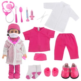 MSYO 18 Inch Doll Doctor Outfits and Medical Kit Accessories for American Dolls, Includes White Coat, Scrubs, Shoes, Socks, Hat and Face Mask, Rose Red Surgical Gown and Tools Playset for 18in Dolls