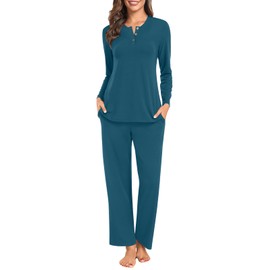 syoss Women's Pajama Sets Long Sleeve Loungewear Sleepwear 2 Piece PJ Sets Top and Pants with Pockets XL, Grayish Blue