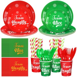 Sliner 192 Pcs Christmas Naughty Nice Party Supplies 9" 7" Naughty and Nice Dinner Paper Plates Cups Napkins Red Green Paper Drinking Straws Neon Forks Knives Spoons for Christmas Birthday Party