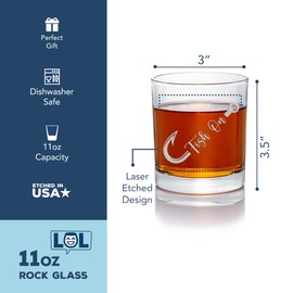 Fish Hook Fish On Round Rocks Glass - Gift For Him, Fishing Decor, Cabin Decor, Fishing Buddies, Wooly Bugger, Fly Fishing Gift, Boyfriend Gifts, Gifts For Dad, Old Fashioned Glass