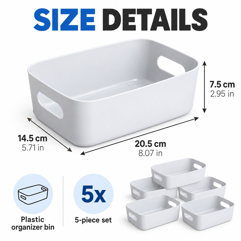 5-Piece Stackable Plastic Storage Box Set – Rectangular Organizer Containers