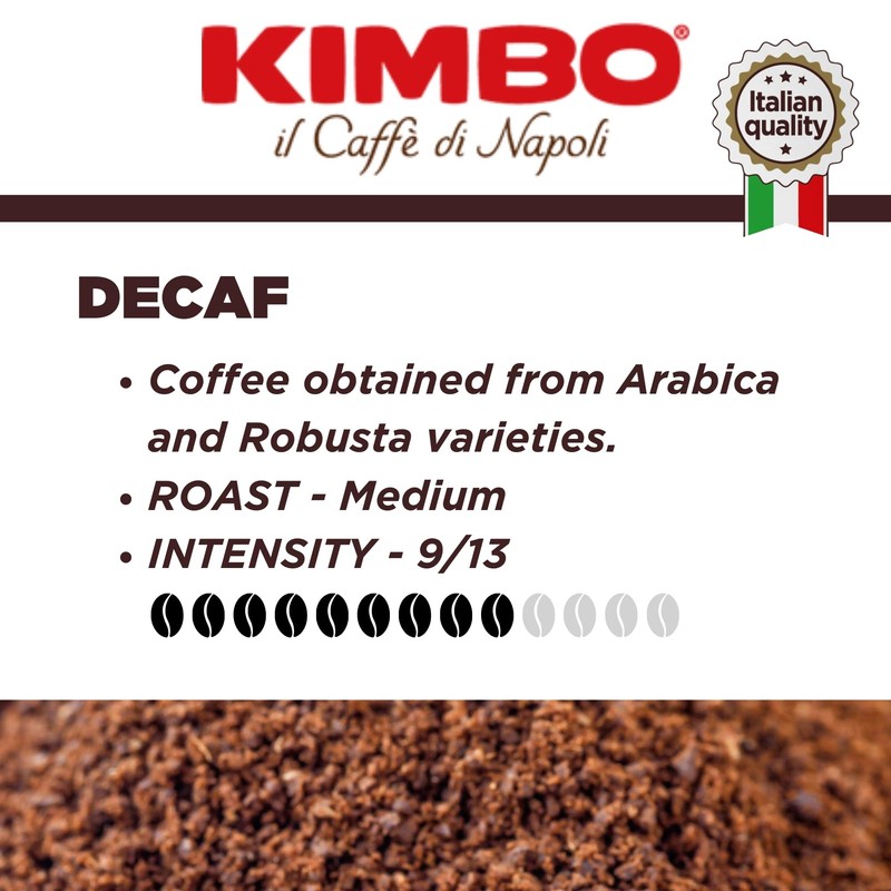 Kimbo Coffee, Espresso Decaf, Decaffeinated Ground Coffee, Medium Roast, 9/13,
