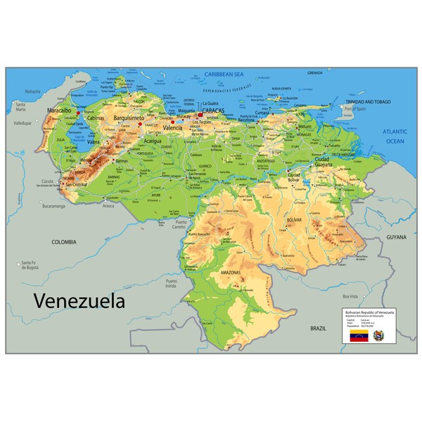 Venezuela Physical Map - 23.3 x 16.5 Inches - Paper