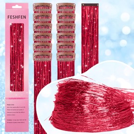 FESHFEN Clip in Hair Tinsel 12 PCs Red Clip ins Glitter Tinsel Hair Extensions Sparkle Fairy Hair Party Dazzle Colorful Hair Accessories Strands Kit for Women 20 Inch