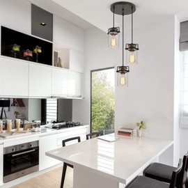 foucasal Industrial Glass Pendant Light, 3 Light Hanging Pendant Lighting Fixture with Seeded Glass Shade, Adjustable Cord Farmhouse Ceiling Light for Kitchen Island Dining Room Bedroom Living Room