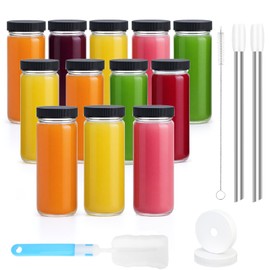 Sursip Glass Juice Bottles 16 oz with Lids & Straws, 12 Pack – Leak-Proof Wide Mouth Mason Jars for Juicing, Smoothies, Boba & Tea – Reusable & BPA-Free, Dishwasher Safe Kitchen Storage Containers