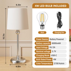 Cordless Table Lamp, Portable LED Desk Lamp, 6000mAh Rechargeable Battery Powered Night Light, Stepless Dimmable Touch Lamp for Bedside, Bedroom, Dining Room, Bar, Camping, Balcony, LED Bulb Included