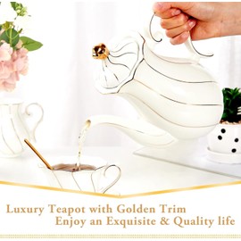 DUJUST British Style Porcelain Teapot (40oz), Luxury Ceramic Teapot with Golden Trim, Food Grade Tea Pot with Built-in Filter, for Tea Party & Home Décor - White