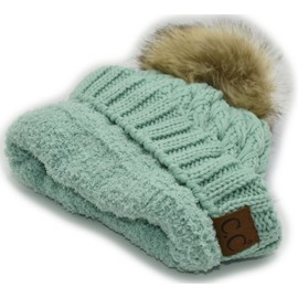 C.C Beanie Women’s Thick Cable Knit Faux Fuzzy Fur Pom Lattice Crossover Fleece Lined Skull Cap Cuff Beanie Mint
