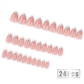 KTAABTR 24Pcs French Tip Press on Nails Medium Almond Nails Silvery French Tip Fake Nails with Glue Nude Acrylic Nails Design French Tip Stick on Nails for Women DIY French Tip Nail Decoration