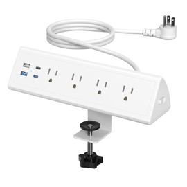 Jgstkcity Desk Clamp Power Strip,20W Fast Charging Station,Surge Protector Nightstand Edge Mount,1875W Extension Cord with Multiple Outlets,2 USB-C,2 USB-A,for Home Office (White, 10 FT)
