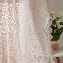 Bujasso Pink Sheer Lace Curtains 54 inch Victorian Short Curtain Panels for Kitchen Living Room Bedroom Elegant Light Filtering Pink Drapes Window Treatment Sets Rod Pocket 2 Panels 54" Wx54 L
