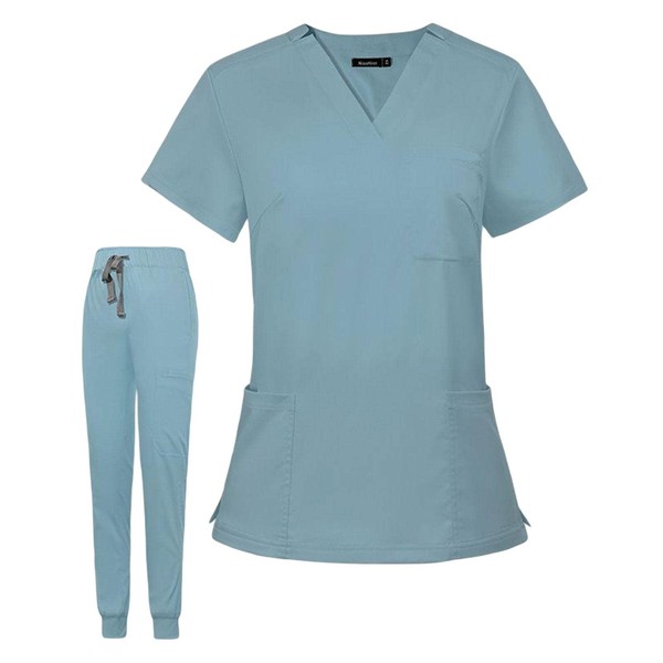 Baoblaze Female Scrub Set, Short Sleeves v Neckline Top and