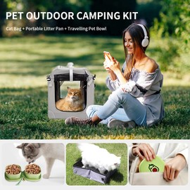 Petseek Extra Large Cat Carrier Soft Sided Folding Small Medium Dog Pet Carrier 24"x16.5"x16" Travel Collapsible Ventilated Comfortable Design Portable Vehicle without Curtain(Grey+ Litter Box+ Bowls)