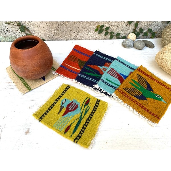 Zapotec Oaxacan Hand 5"x6" Woven Multicolor Wool Weaving Set of 6 Birds Coasters