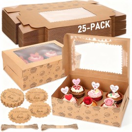 25 Pack 6 Count Cupcake Boxes with Insert Trays, Tags and Twine Bulk, Food Grade Kraft Bakery Muffin Boxes with Clear Window 10.5" x 7" x 3.25" Disposable Storage for Valentine Birthday Party