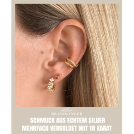 Brandlinger ® 925 silver hoop earrings with white stone. Women's jewellery with 18 carat gold plated for women and girls. Outer diameter 16 mm., Yellow Gold