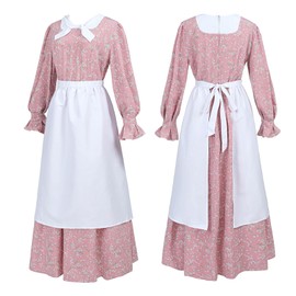 CR ROLECOS Womens Pioneer Dress Rose Pink Floral Prairie Dresses Pilgrim Colonial Costume Bonnet Apron 3 Pieces Set XL