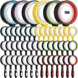 Xuhal 48 Pcs 10X Magnifying Glass Handheld Shatterproof Reading Magnifier for Seniors and Kids, 50mm Colored Magnifying Lens with Non Slip Rubber for Observation Exploration Science (Multicolor)