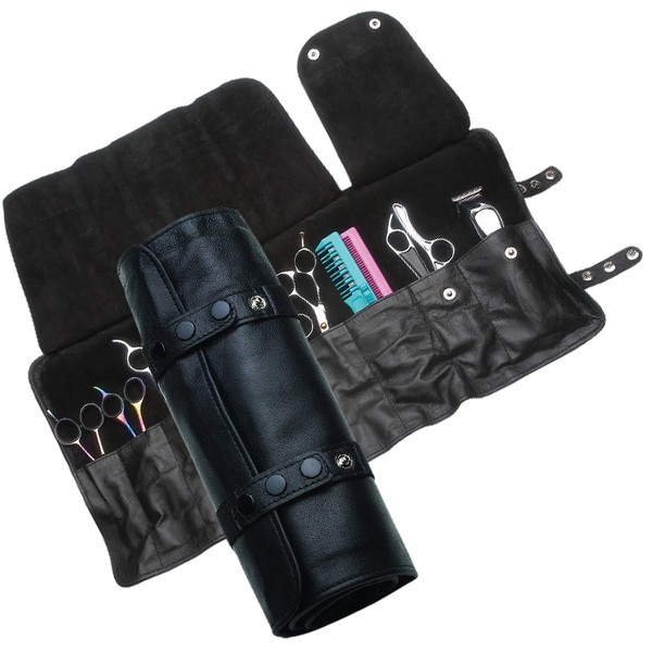 Full Grain Genuine Leather Shear Cases and Bags. (9 Slot Roller Case with Flap, Black)