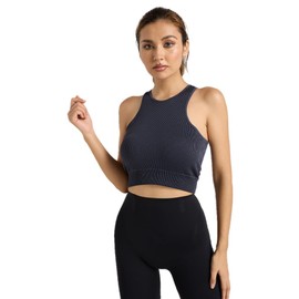 Lmprint Women's Ribbed Crop Tank Top, Sleeveless Racerback, Square Neck, Black, Fitted (US, Alpha, Small, Regular, Regular, Grey)