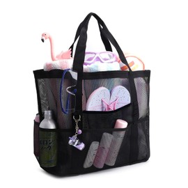 Bolsa de Malla Grande para Playa，Bolso de Hombro para Mujer Bolsas Totes Con Bolsillo iImpermeable con Cremallera, Plegable, Lavable,Reutilizable, Adecuado para Aplicar a La Playa, Piscina (Negro)