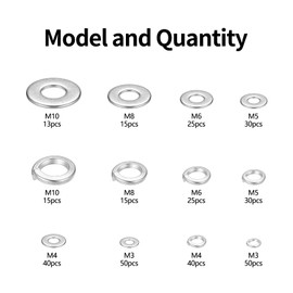 348 Pcs Stainless Steel Washers: 175 Pcs Flat Washers Penny Washers for Bolts Screws & 173 Pcs Split Lock Washers, Assorted Metal Washers, Rectangular Spring Washers, M3 M4 M5 M6 M8 M10 Washers