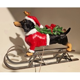 Dachshund Christmas Figurine on Metal Sled Lights Up  12″L x 8.25" H