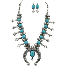 Skelapparel Southwestern Squash Blossom Necklace and Earrings Set, Boho Western Statement Piece